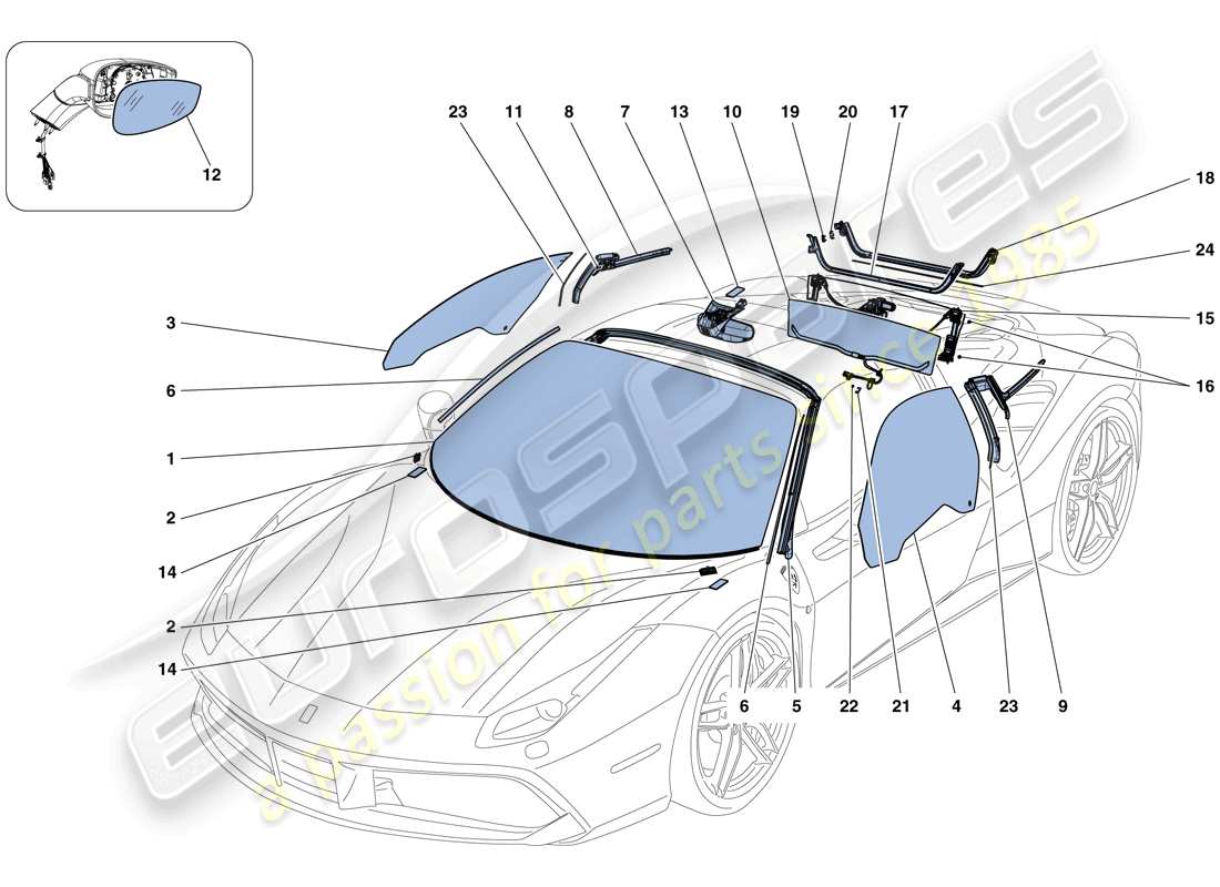 ferrari 488 spider (europe) bildschirme, fenster und dichtungen ersatzteildiagramm