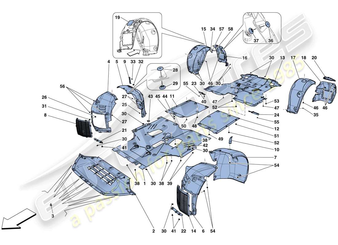 ferrari gtc4 lusso t (rhd) flache unterboden- und radkasten-ersatzteildiagramm