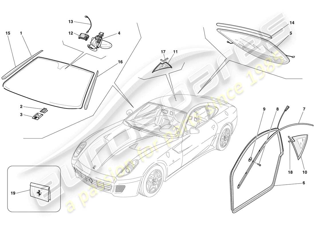 ferrari 599 gtb fiorano (rhd) bildschirme, fenster und dichtungen teilediagramm