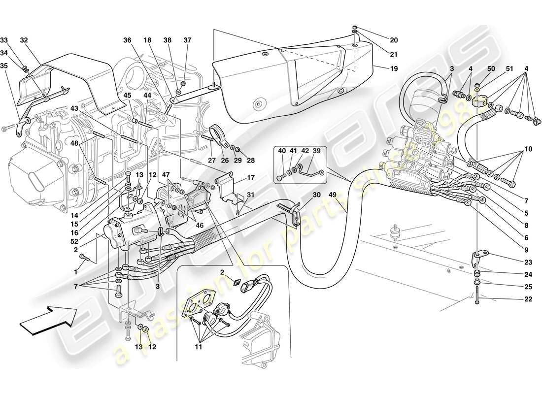 ferrari f430 coupe (rhd) f1 teilediagramm für die hydraulische steuerung von getriebe und kupplung