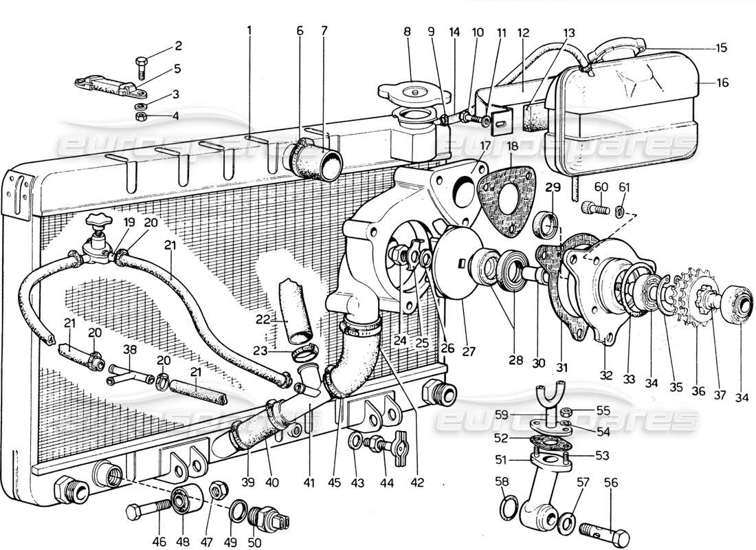 ferrari 365 gtb4 daytona (1969) kühlsystem - wasserpumpe und kühler (1974 revision) teilediagramm