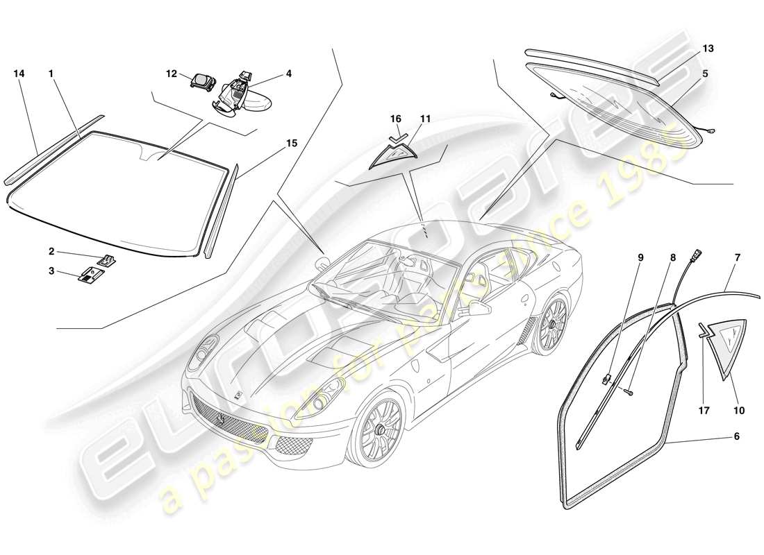 ferrari 599 gto (rhd) bildschirme, fenster und dichtungen teilediagramm