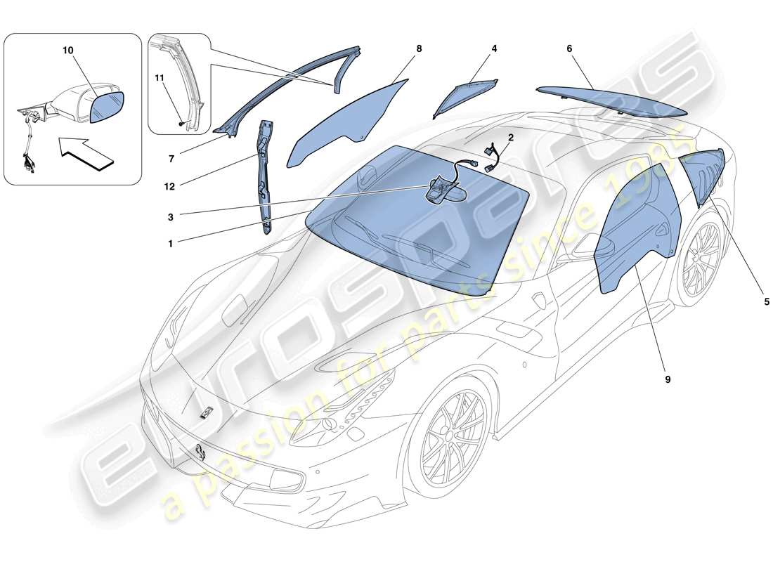 ferrari f12 tdf (europe) bildschirme, fenster und dichtungen ersatzteildiagramm