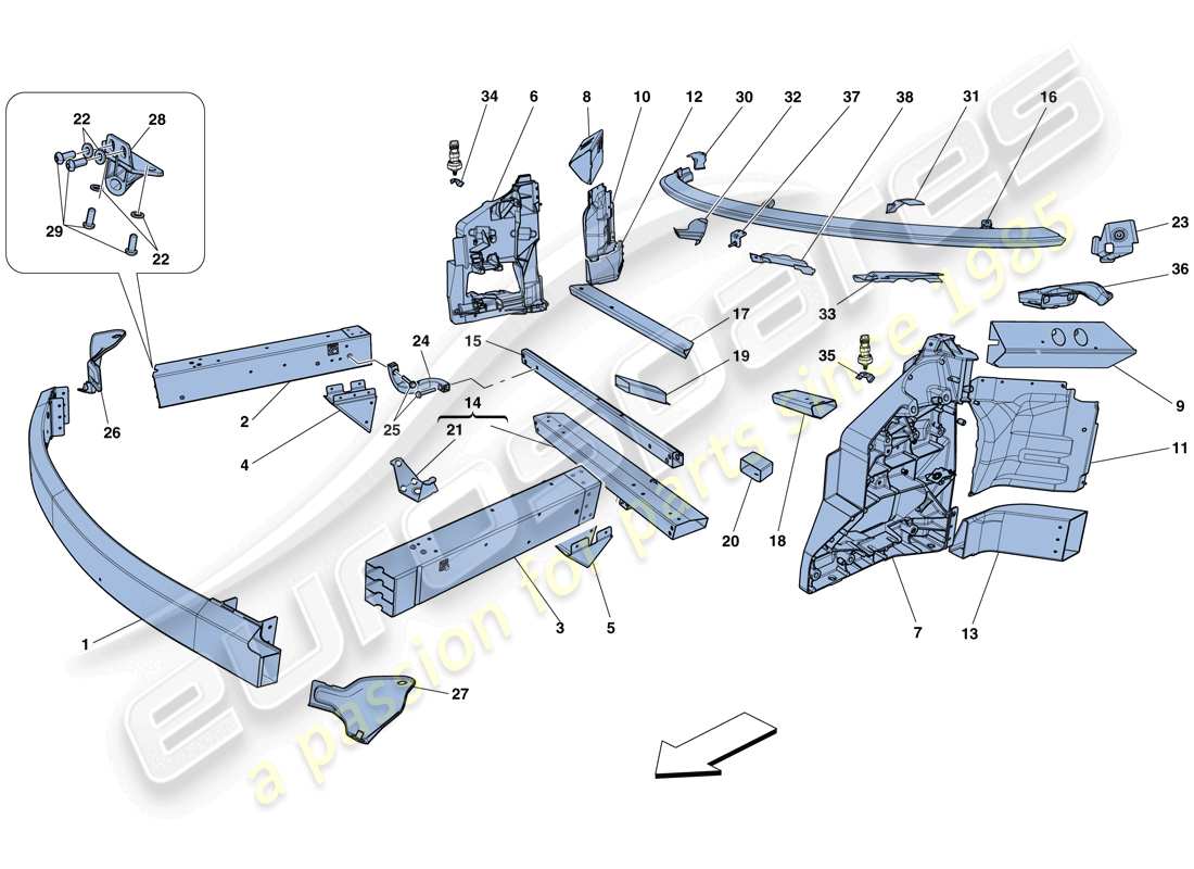 ferrari 458 speciale (rhd) fahrgestell - struktur, frontelemente und platten ersatzteildiagramm