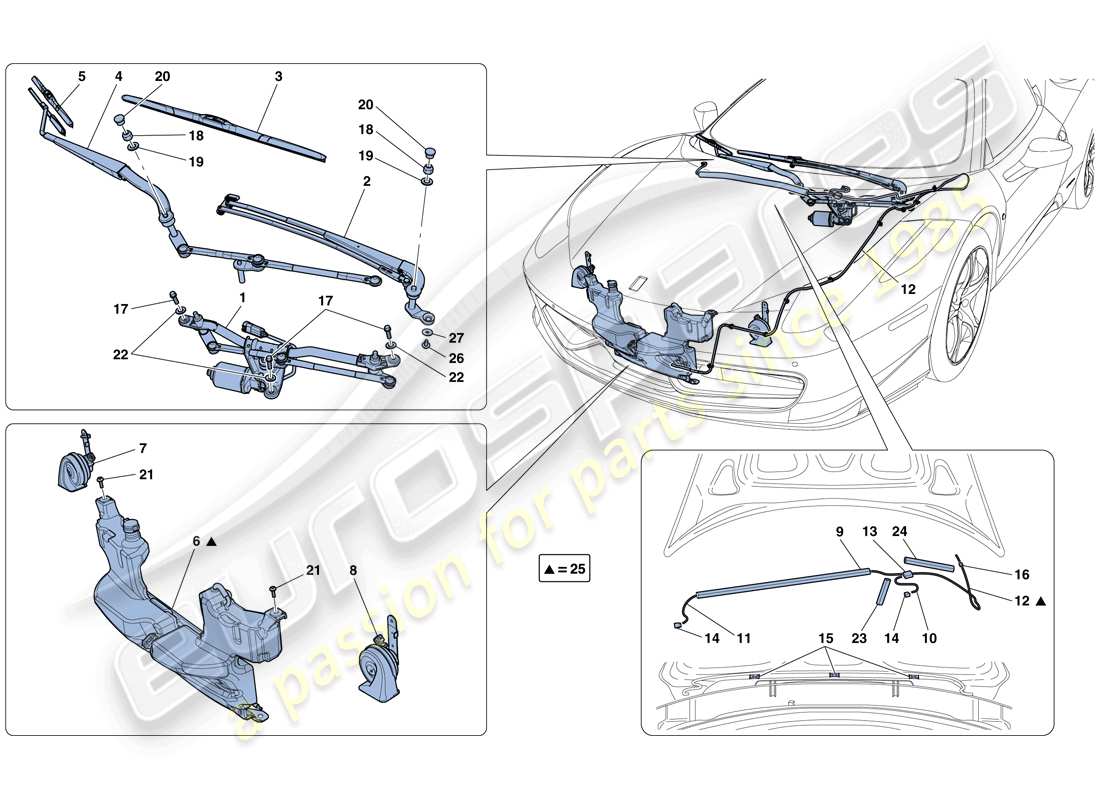 ferrari 458 italia (rhd) scheibenwischer, scheibe und hupen teilediagramm