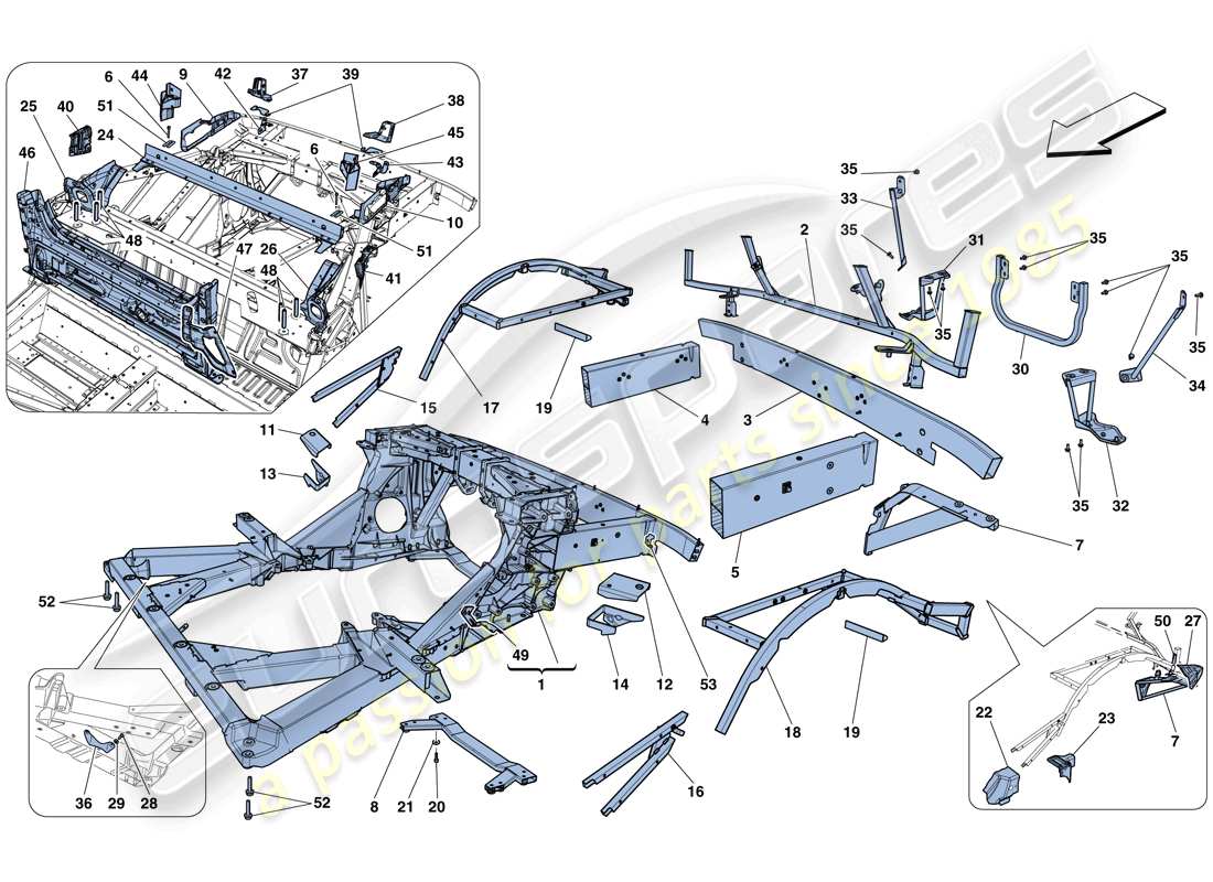 ferrari 458 spider (europe) fahrgestell - struktur, hintere elemente und platten ersatzteildiagramm