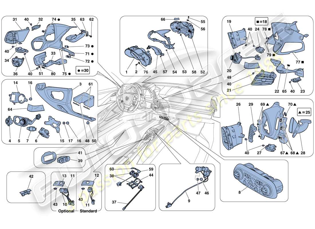 ferrari 458 italia (rhd) armaturenbrett und tunnelinstrumente teilediagramm