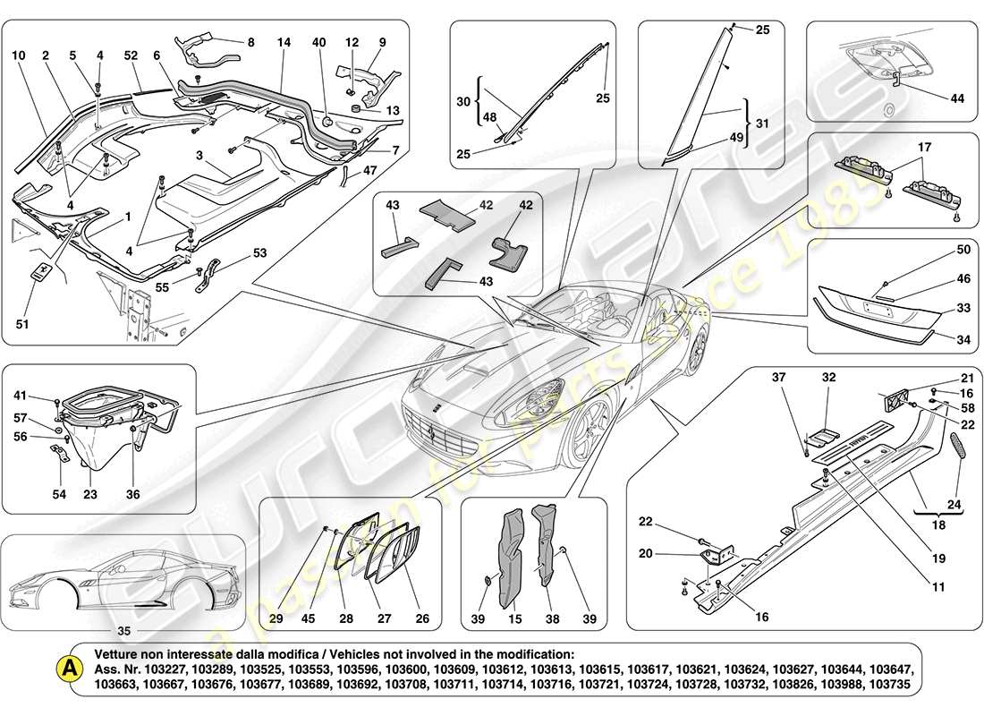 ferrari california (europe) schilde, verzierungen und abdeckungen teilediagramm