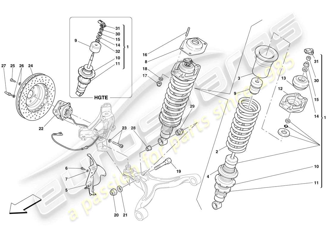 ferrari 599 gtb fiorano (rhd) vorderradaufhängung - teilediagramm stoßdämpfer und bremsscheibe