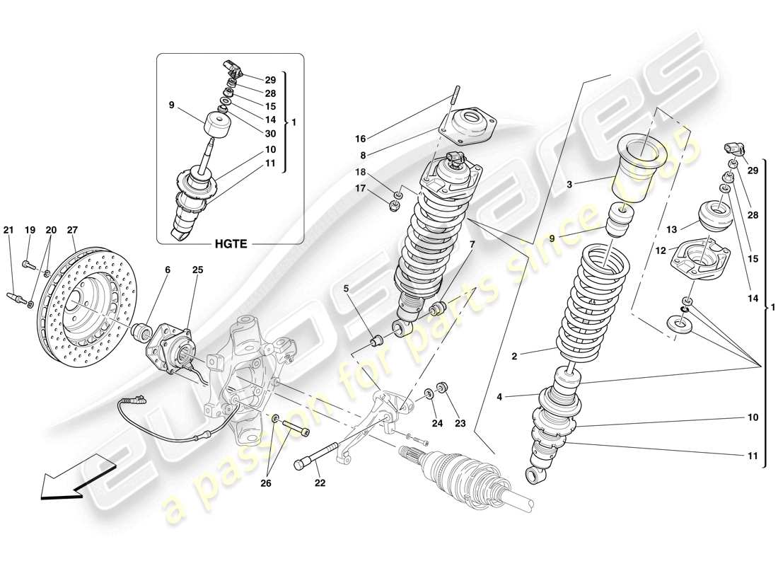 ferrari 599 gtb fiorano (rhd) hinterradaufhängung - teilediagramm stoßdämpfer und bremsscheibe