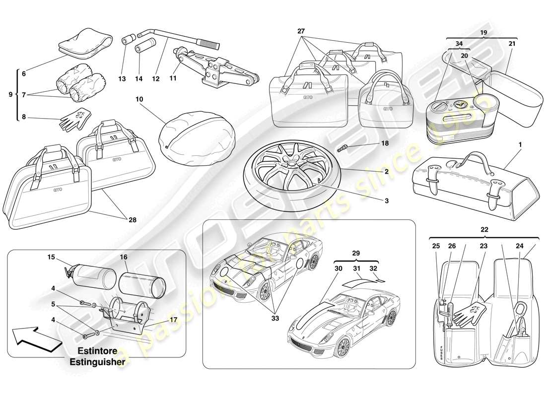 ferrari 599 gto (usa) mit dem fahrzeug gelieferte werkzeuge teilediagramm