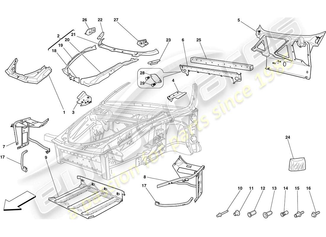 ferrari f430 coupe (usa) chassis - komplette frontstruktur und paneele ersatzteildiagramm