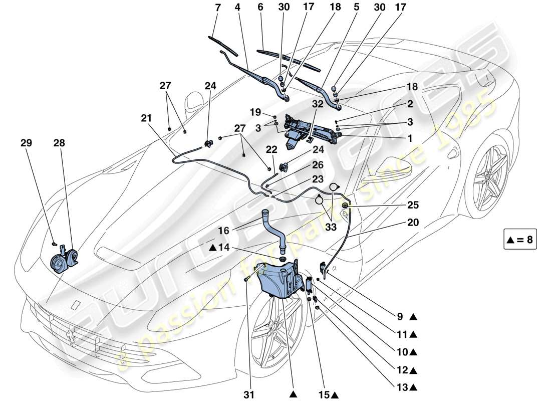 ferrari f12 berlinetta (rhd) scheibenwischer, scheibe und hupen ersatzteildiagramm