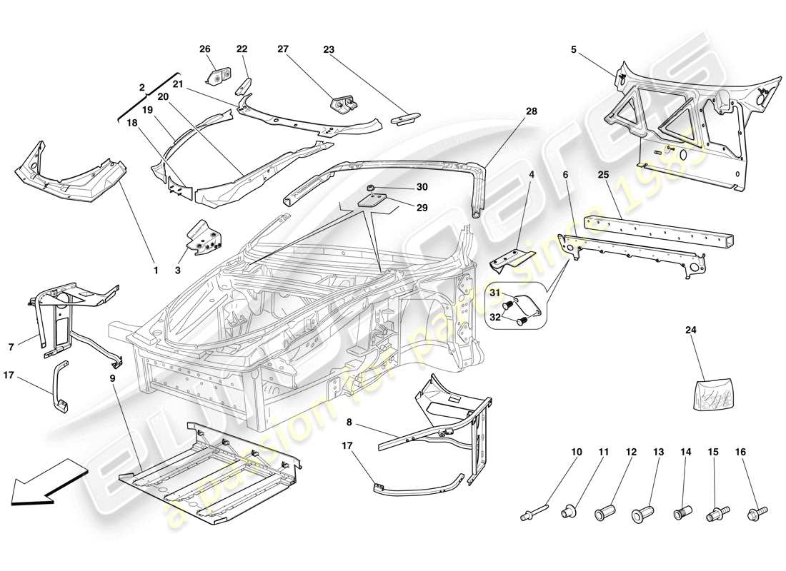 ferrari f430 spider (rhd) chassis - komplette frontstruktur und paneele ersatzteildiagramm