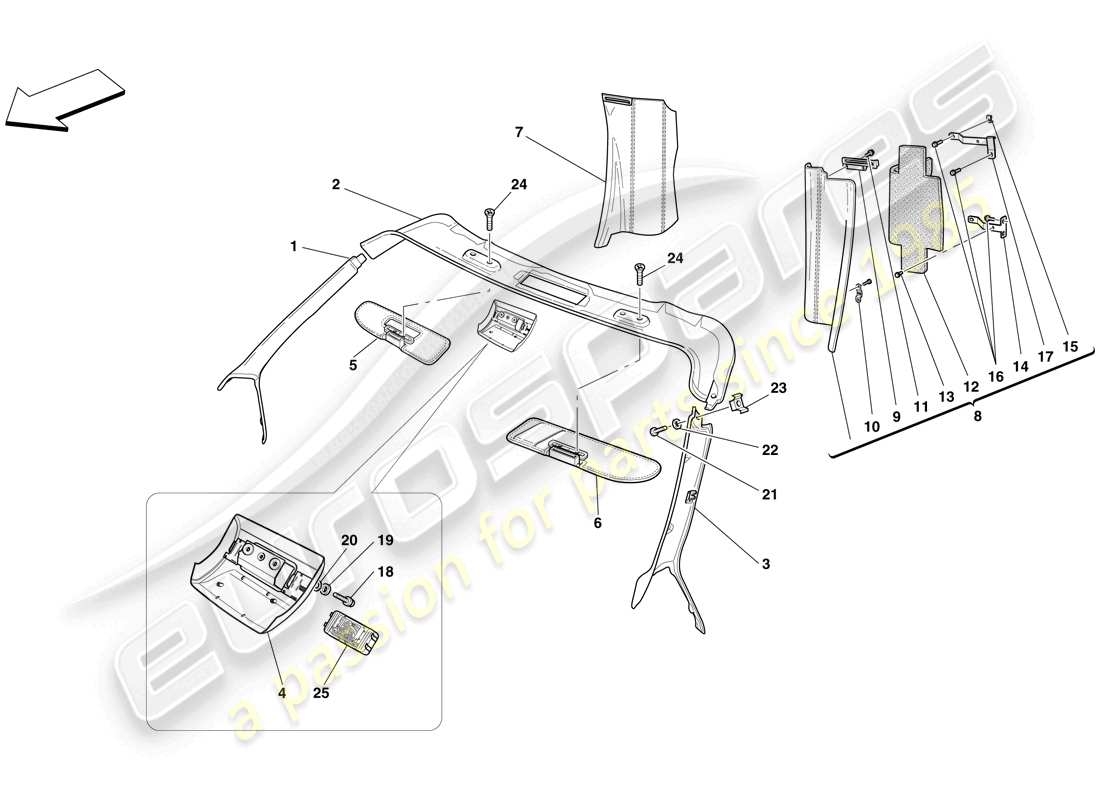 ferrari f430 spider (rhd) dachhimmelverkleidung und zubehör teilediagramm