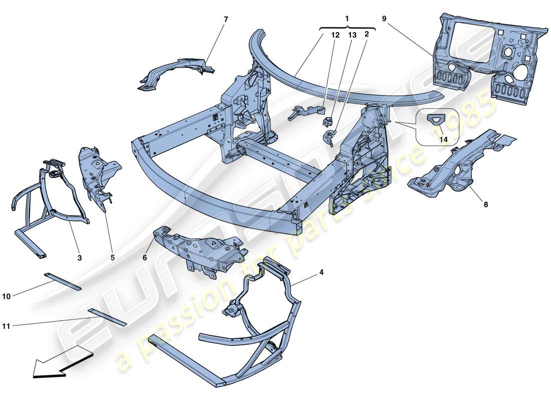 ferrari 458 spider (rhd) chassis - komplette frontstruktur und paneele ersatzteildiagramm