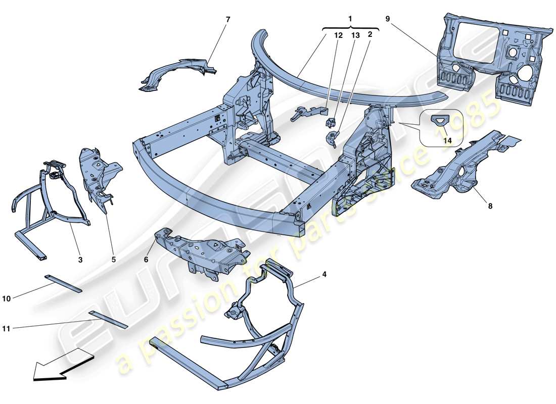 ferrari 458 spider (rhd) chassis - komplette frontstruktur und paneele ersatzteildiagramm