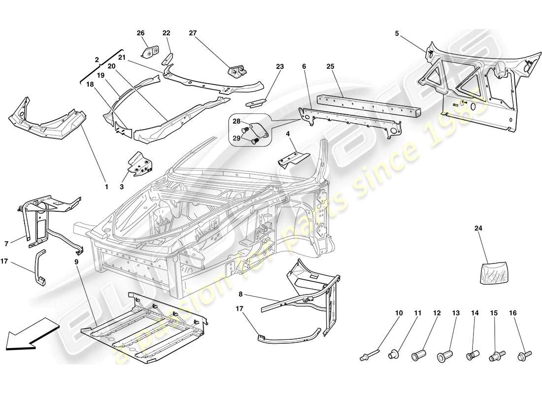 ferrari f430 coupe (europe) chassis - komplette frontstruktur und paneele ersatzteildiagramm