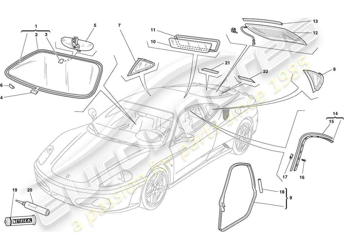 ferrari f430 coupe (europe) bildschirme, fenster und dichtungen ersatzteildiagramm