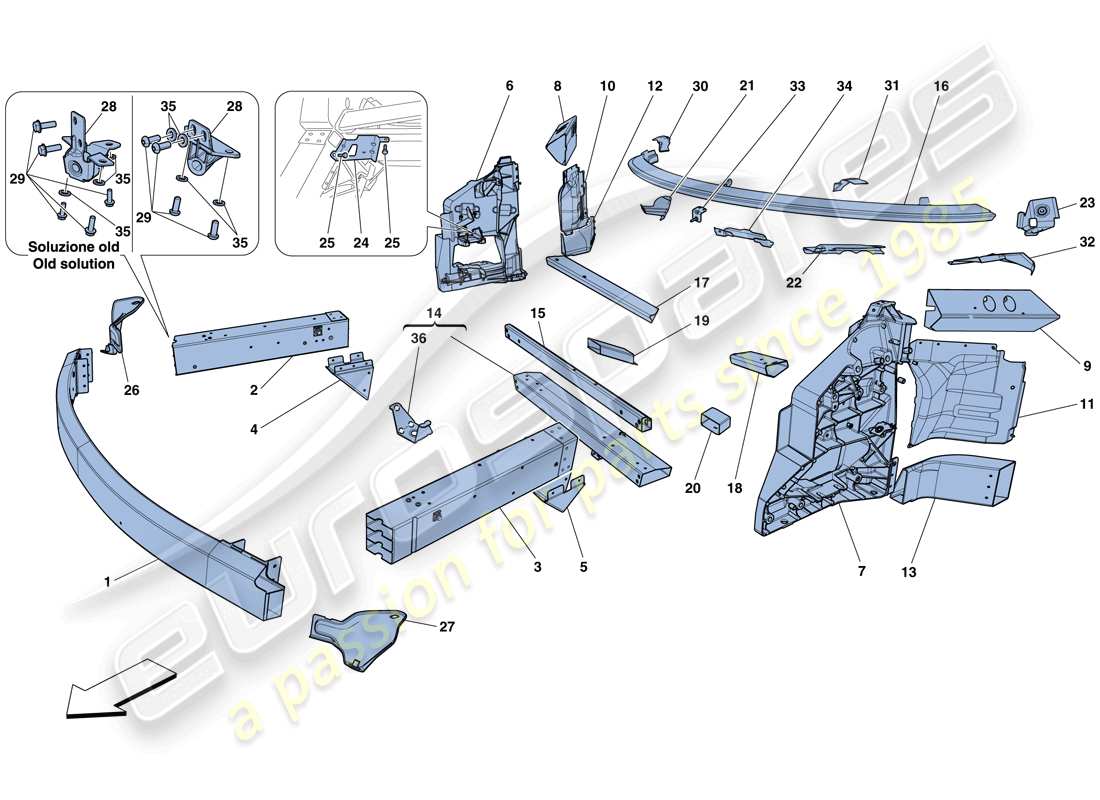 ferrari 458 spider (rhd) fahrgestell - struktur, frontelemente und platten ersatzteildiagramm