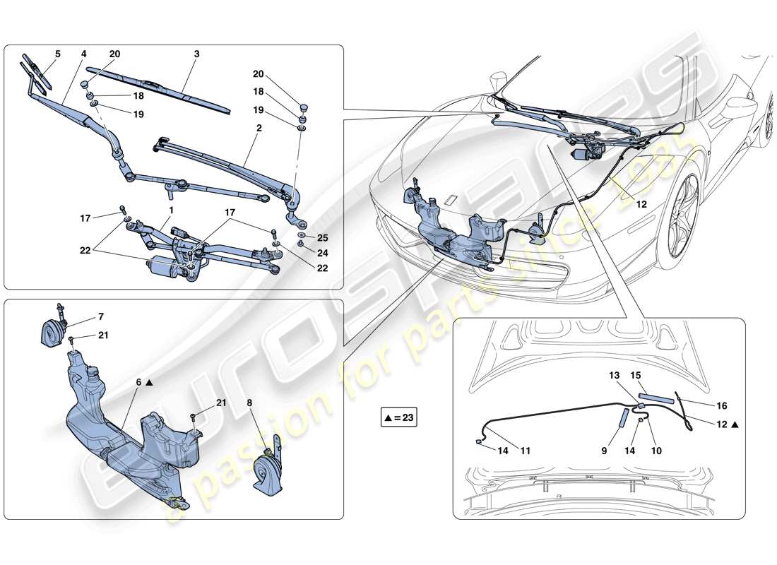 ferrari 458 spider (europe) scheibenwischer, scheibe und hupen ersatzteildiagramm