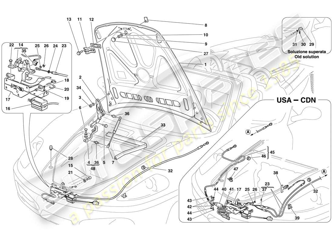 ferrari f430 spider (rhd) vorderer deckel und öffnungsmechanismus teilediagramm