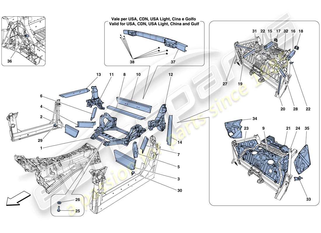 ferrari 812 superfast (rhd) strukturen und elemente, fahrzeughinterteil teilediagramm