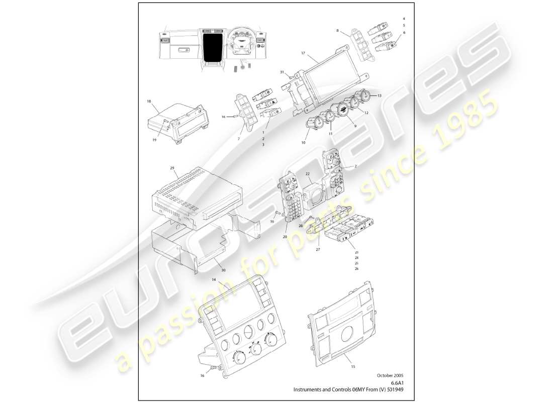 aston martin vanquish (2001) teilediagramm für instrumente und bedienelemente