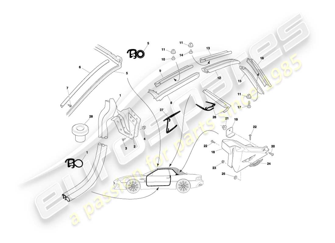 aston martin db7 vantage (2000) teilediagramm für volante-tür- und dachdichtungen