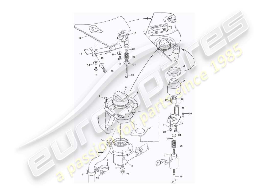aston martin v8 virage (1999) tankklappen, volante-ersatzteildiagramm