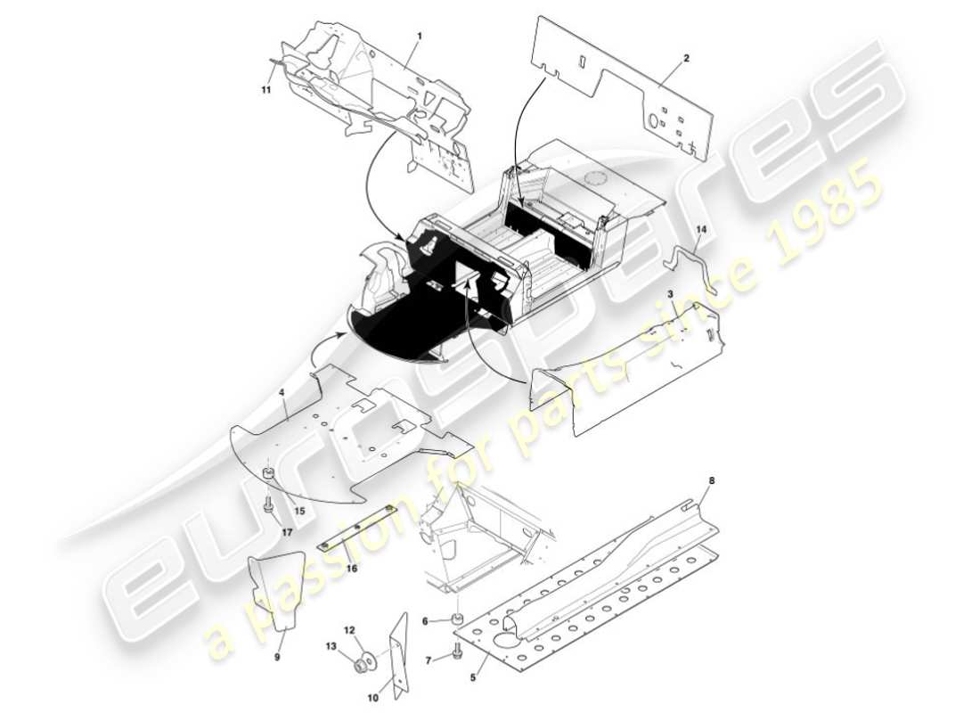 aston martin vanquish (2001) teilediagramm für hitzeabweiser und -schilde