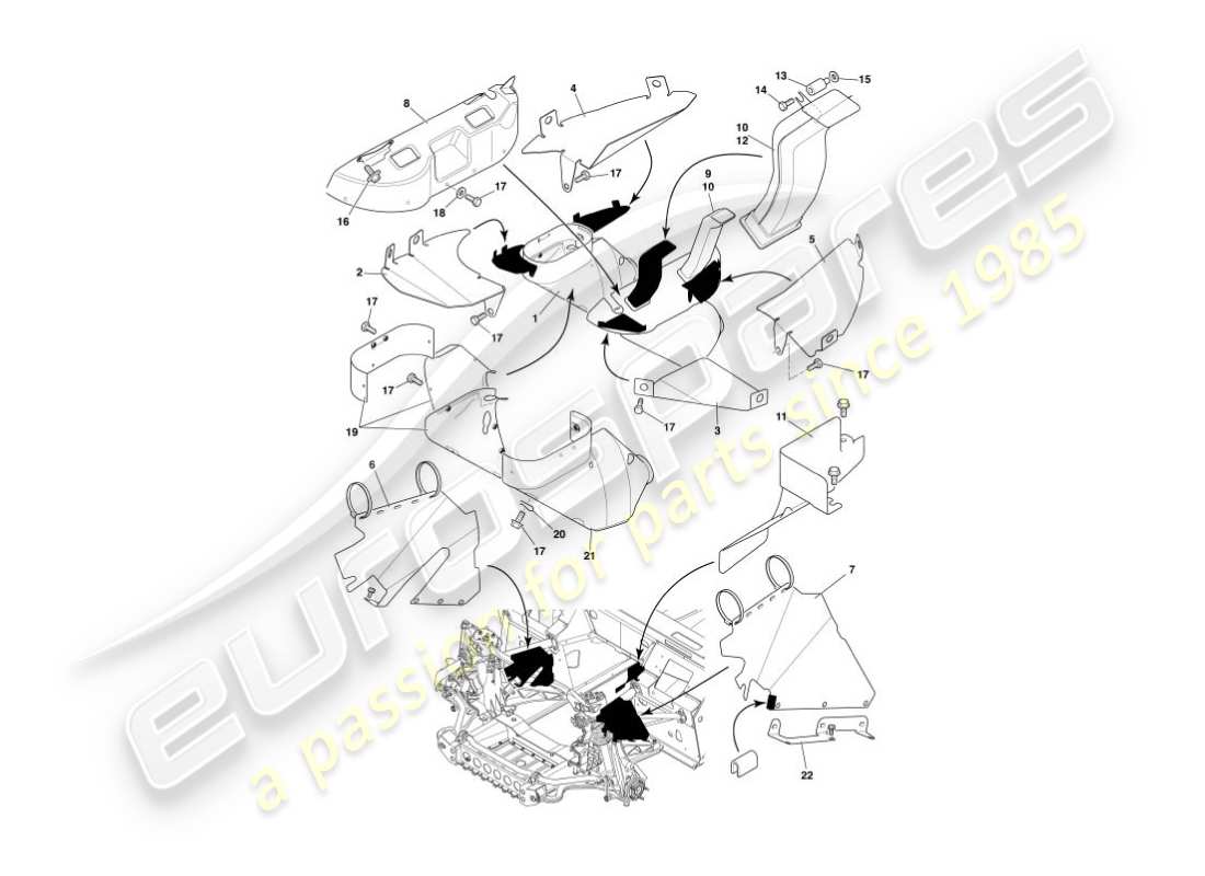 aston martin vanquish (2006) teilediagramm für hitzeabweiser und -schilde