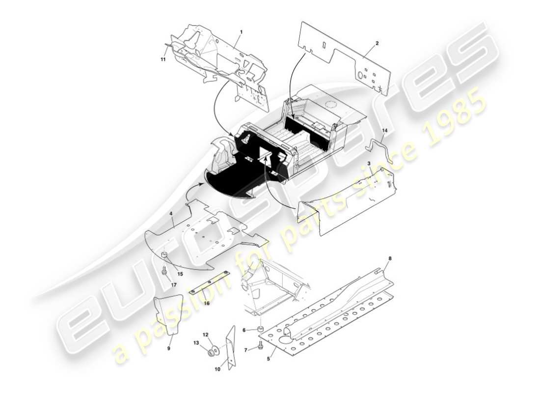 aston martin vanquish (2006) teilediagramm für hitzeabweiser und -schilde