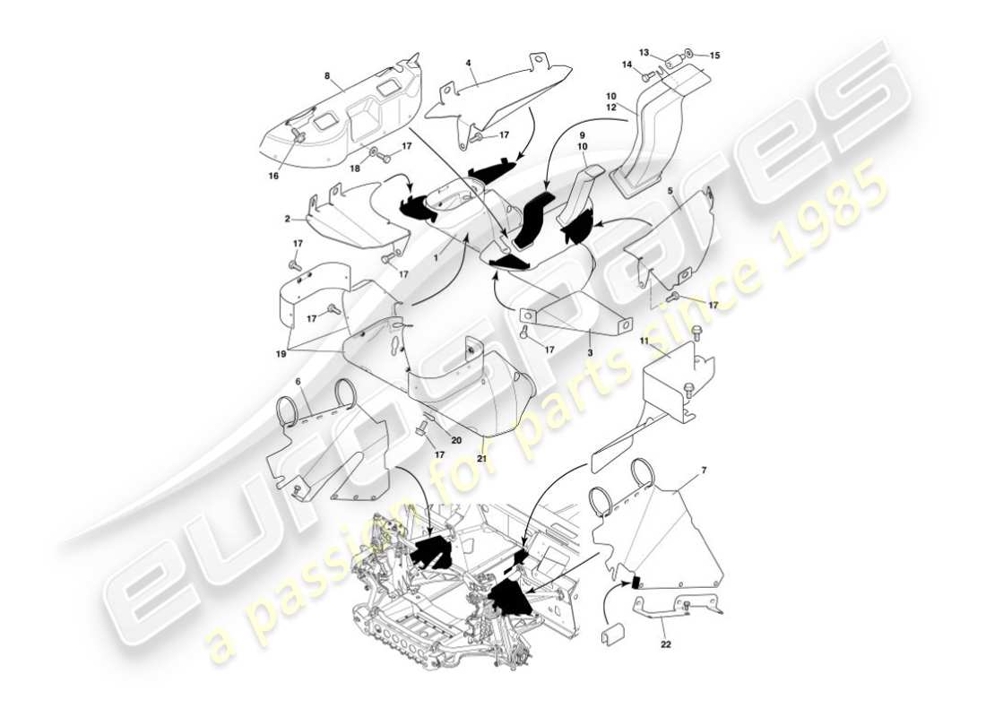 aston martin vanquish (2002) teilediagramm für hitzeabweiser und -schilde