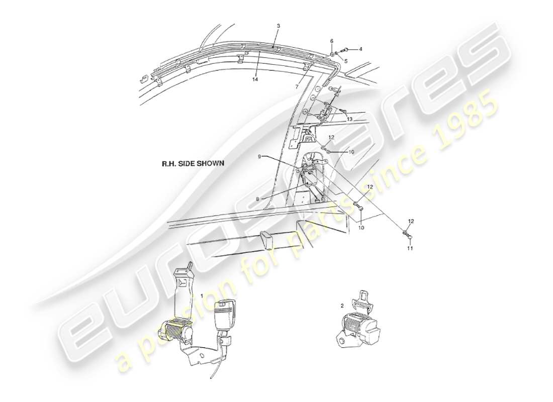 aston martin v8 virage (2000) innenausstattung, usa-sicherheitsgurte teilediagramm