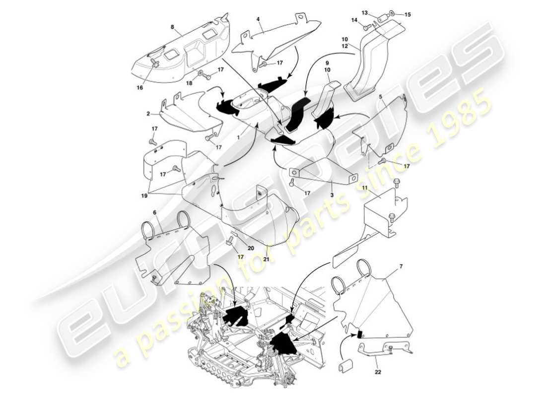 aston martin vanquish (2007) teilediagramm für hitzeabweiser und -schilde