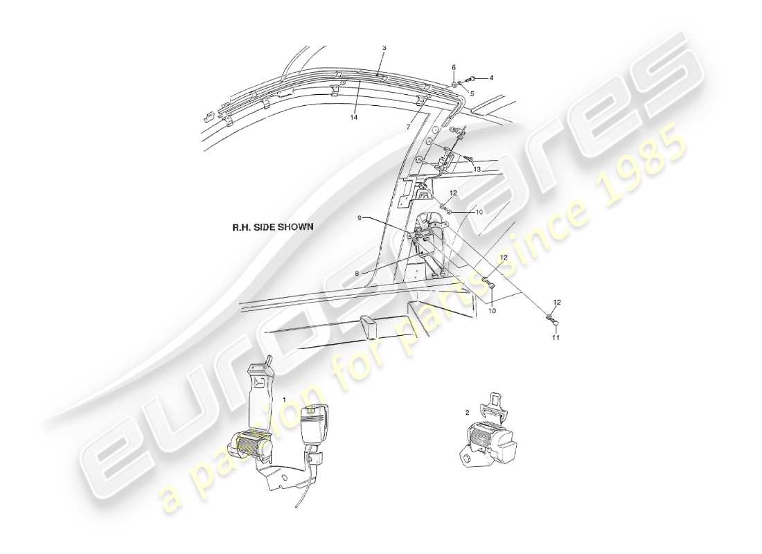 aston martin v8 virage (1999) innenausstattung, usa sicherheitsgurte teil diagramm