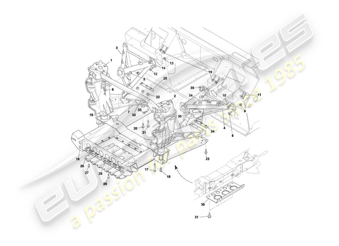aston martin vanquish (2006) teilediagramm der vorderen karosseriestützstruktur