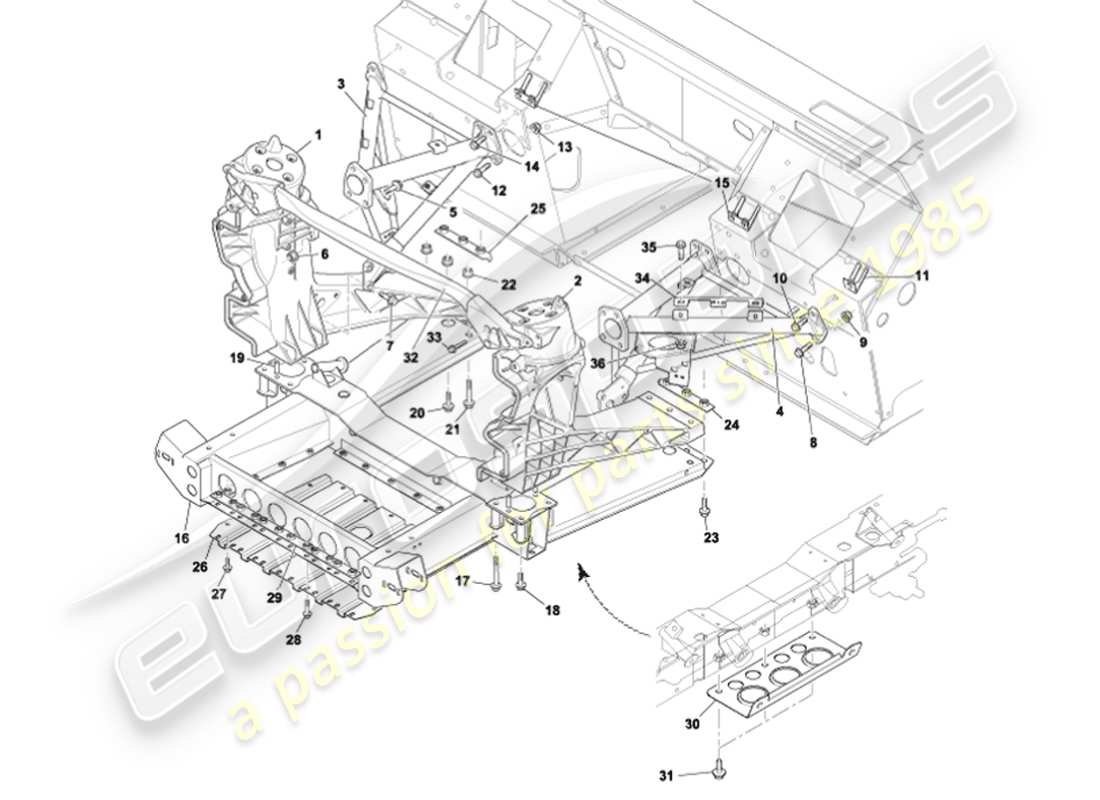 aston martin vanquish (2002) teilediagramm der vorderen karosseriestützstruktur