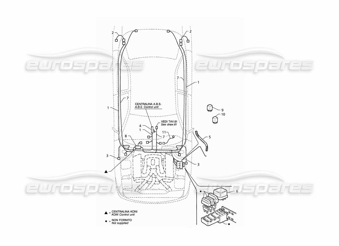 maserati qtp v6 (1996) electrical system: a.b.s. and 'koni' suspension (lhd) part diagram