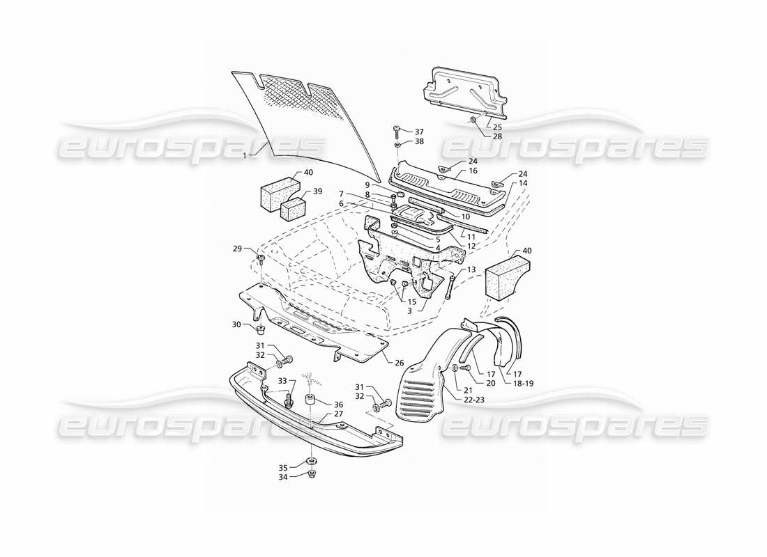 maserati qtp v8 (1998) teilediagramm für motorhauben- und motorraumabdeckungen (linkslenker)