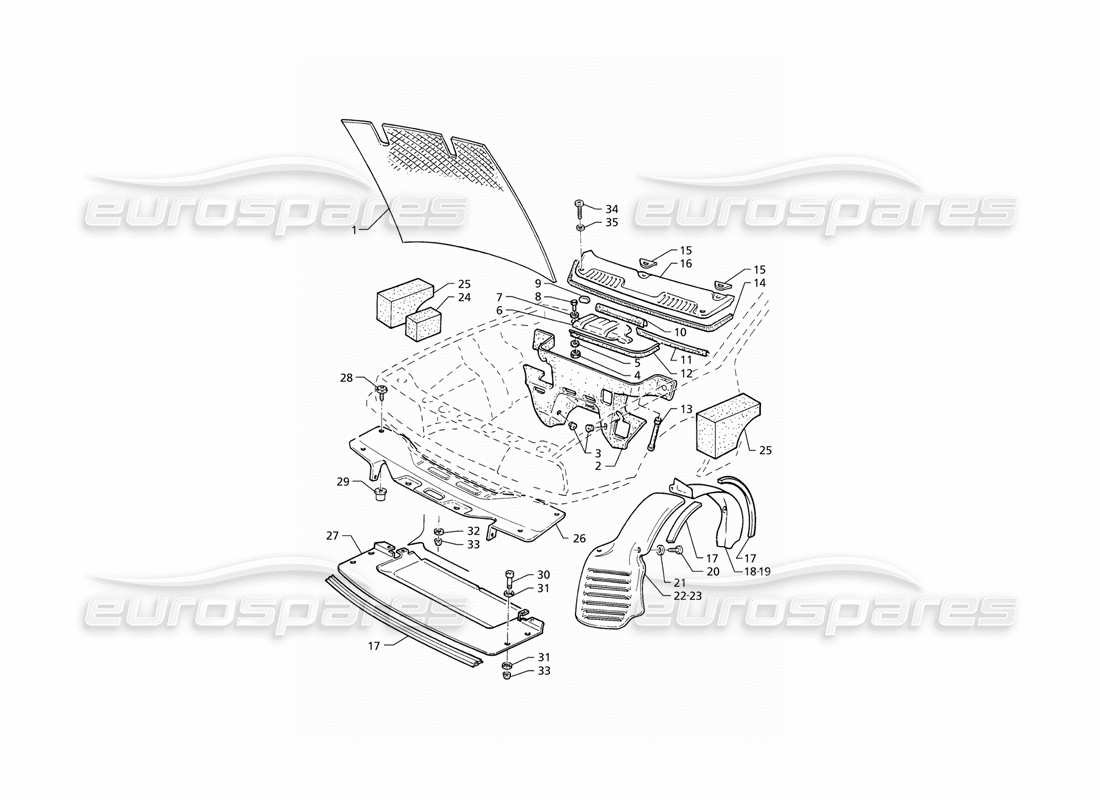 maserati qtp v6 (1996) teilediagramm für motorhauben- und motorraumabdeckungen (linkslenker)
