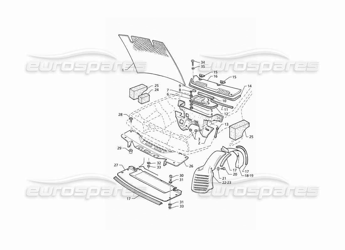 maserati qtp v6 (1996) teilediagramm für motorhauben- und motorraumabdeckungen (rhd)