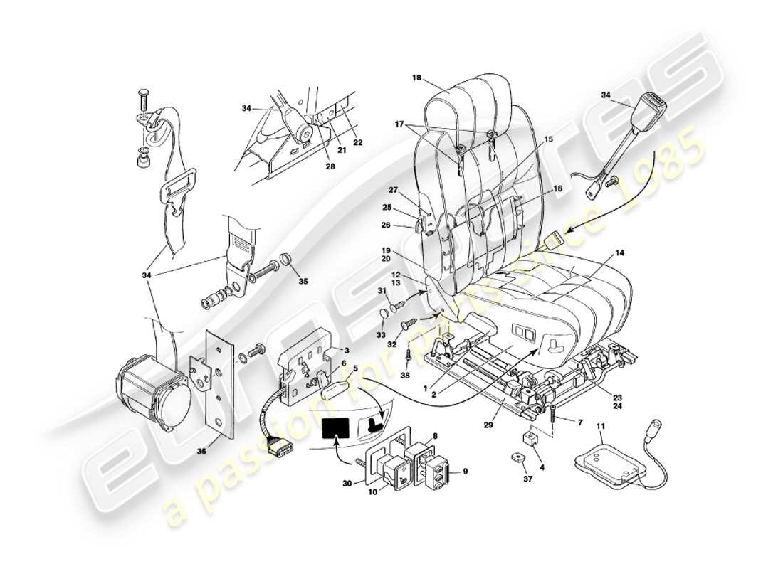 aston martin v8 volante (1999) teilediagramm für vordersitze und gurte