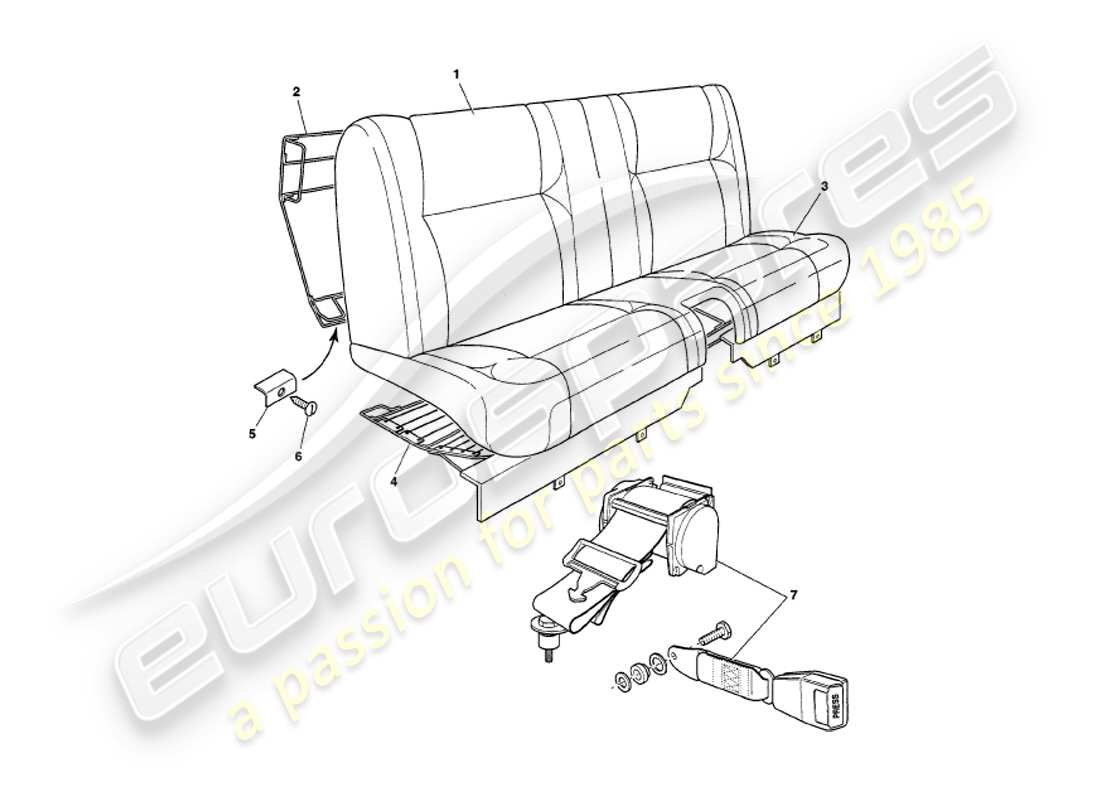 aston martin v8 volante (1999) teilediagramm für rücksitze und gurte