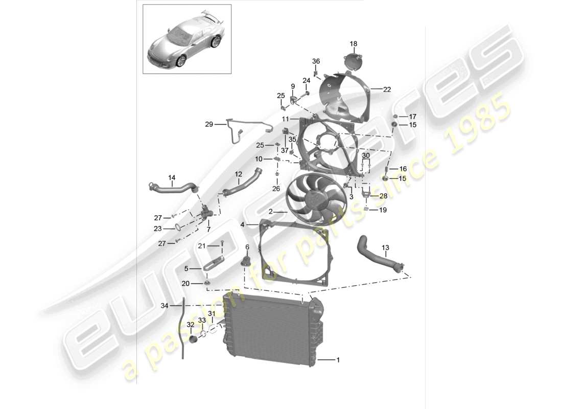 porsche 2021 (991-2 r/gt3/rs) kühlmittelkühlsystem kühler für kühlmittel kühlerlüfter teilediagramm