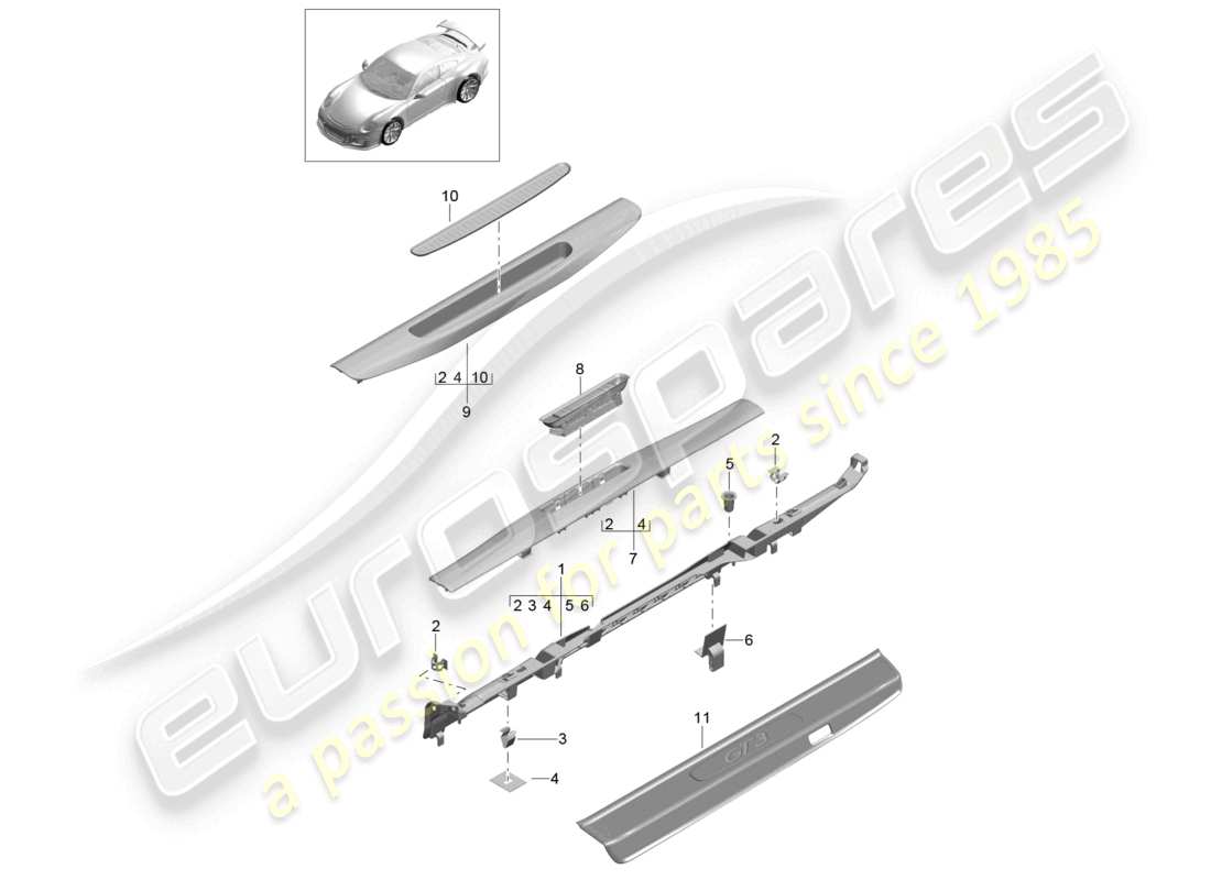porsche 2021 (991-2 r/gt3/rs) teilediagramm für die zierleiste