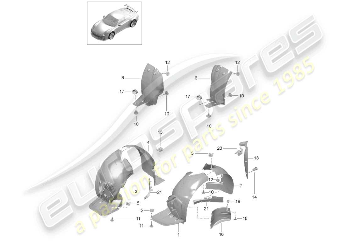 porsche 2021 (991-2 r/gt3/rs) radhausverkleidungen teilediagramm