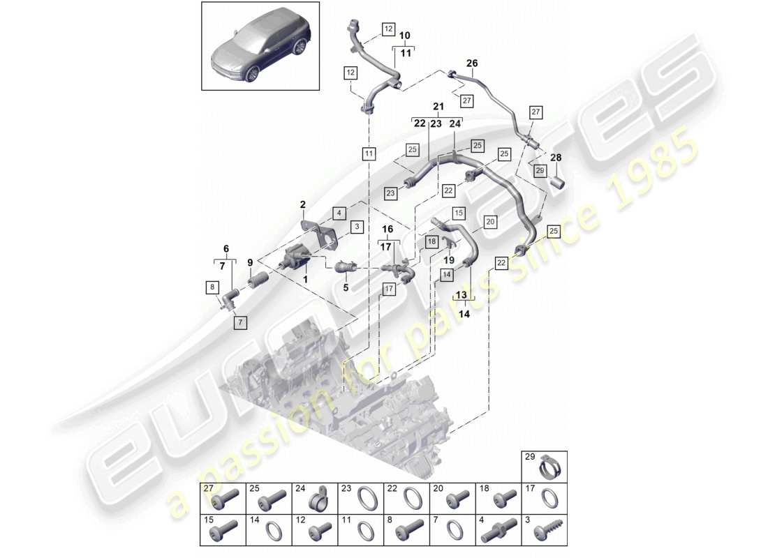 porsche 2021 (cayenne e3 9ya/9yb) kühlmittelkühlsystem teilediagramm