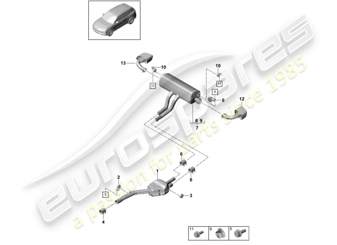 porsche 2021 (cayenne e3 9ya/9yb) abgasanlage vorschalldämpfer nachschalldämpfer endrohr teilediagramm